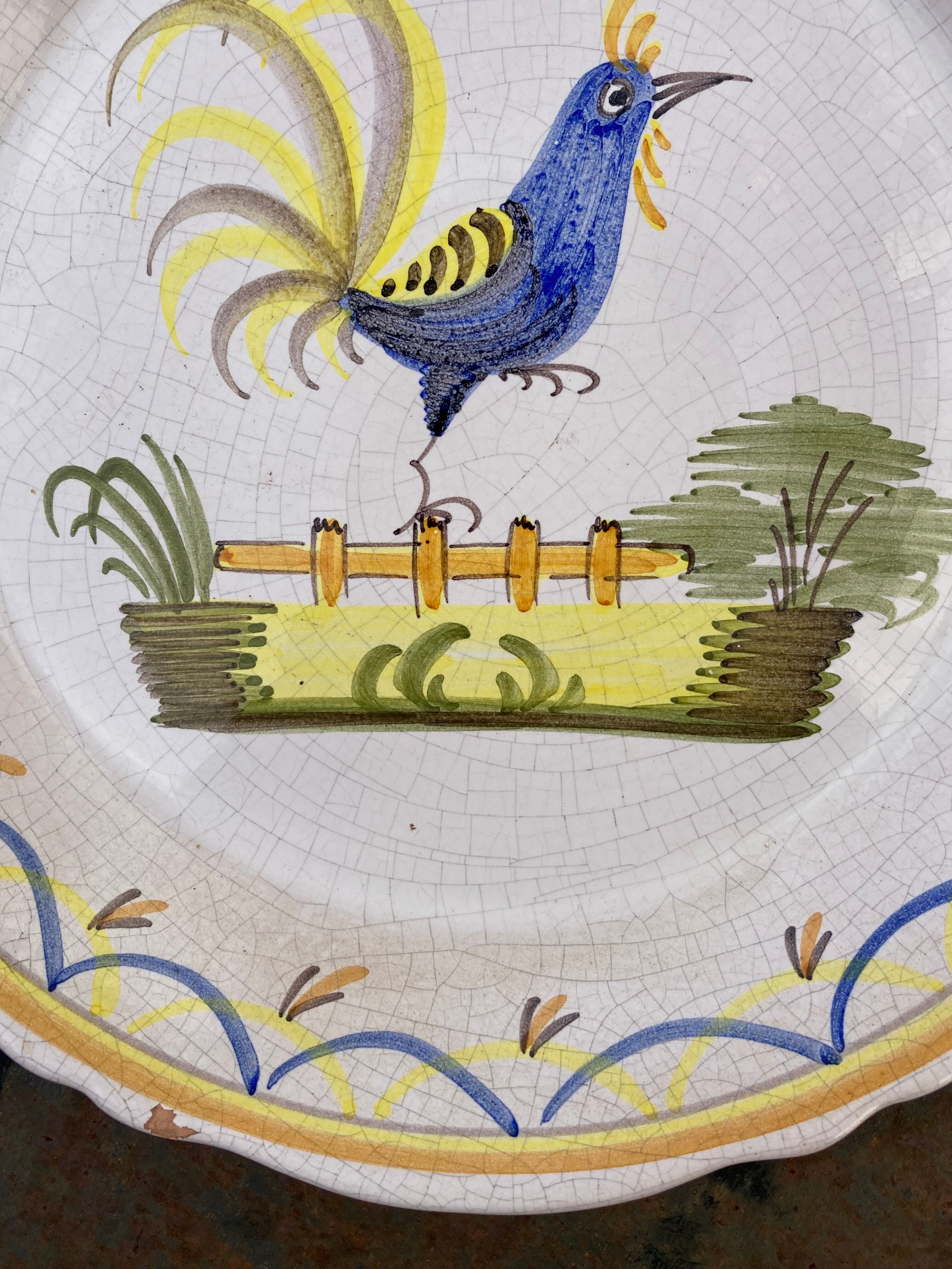 Quimper plate signed with rooster decoration in yellow enamelled ceramic old