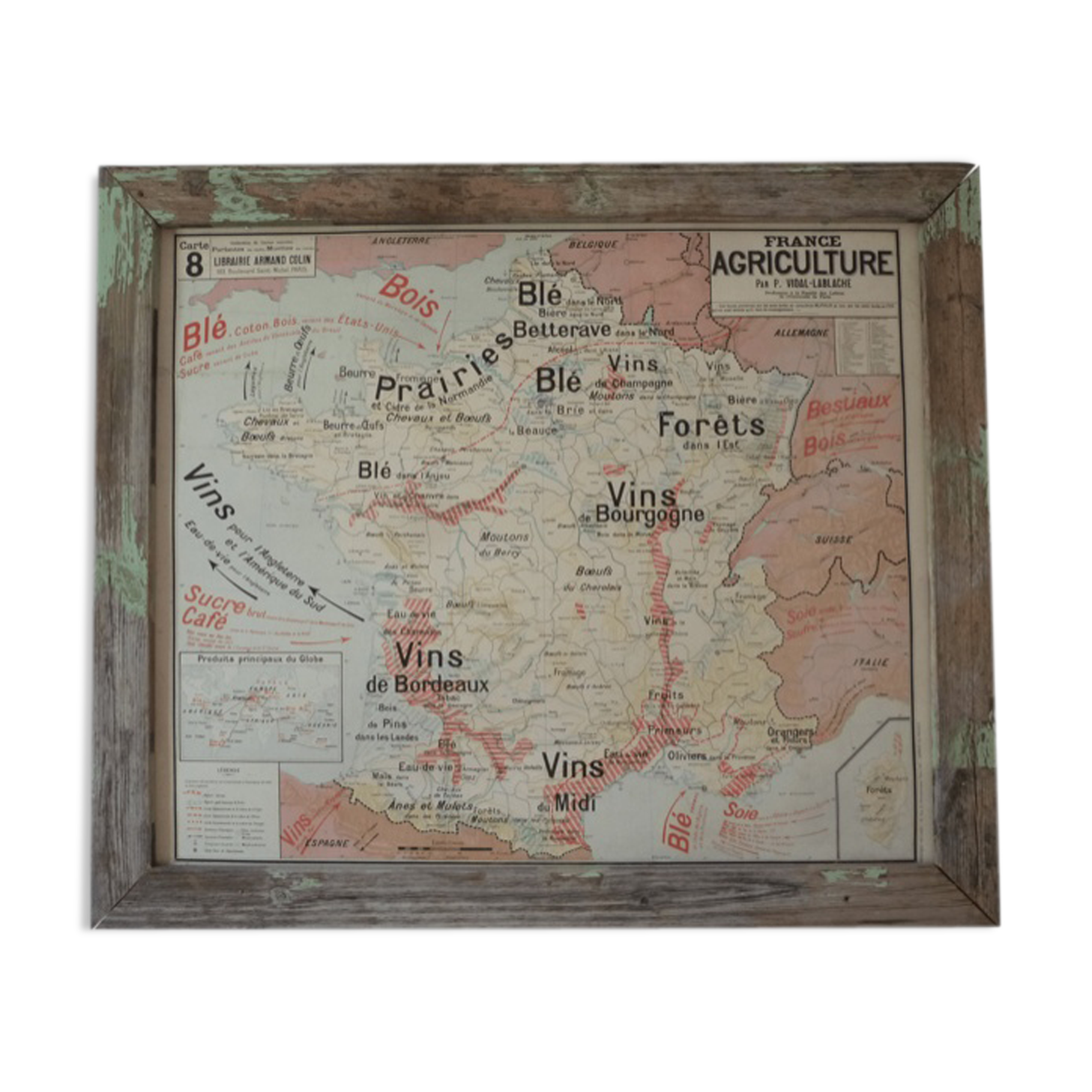 School agriculture map and wines of France-framed