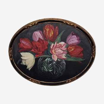 Oil on canvas signed A. HOREL flower vase oval shape