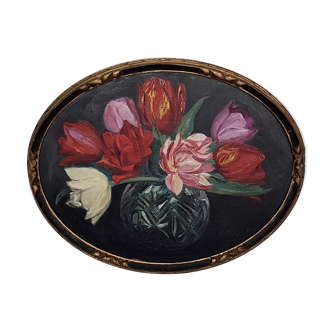 Oil on canvas signed A. HOREL flower vase oval shape