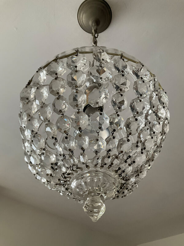 Ancien Lustre corbeille à pampilles de cristal