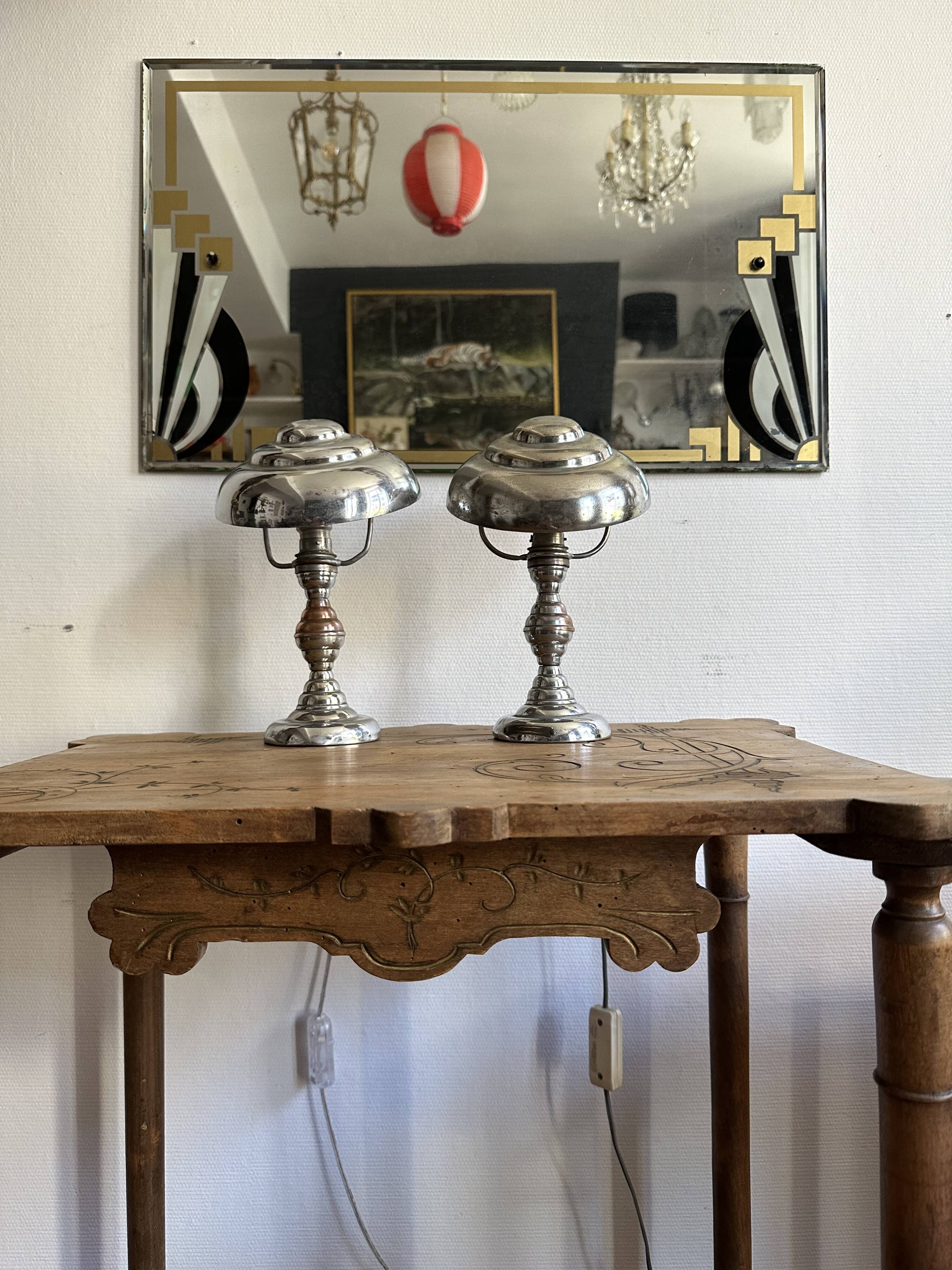 Pair of Art Deco ELAU mushroom lamps with adjustable nickel-plated metal.
