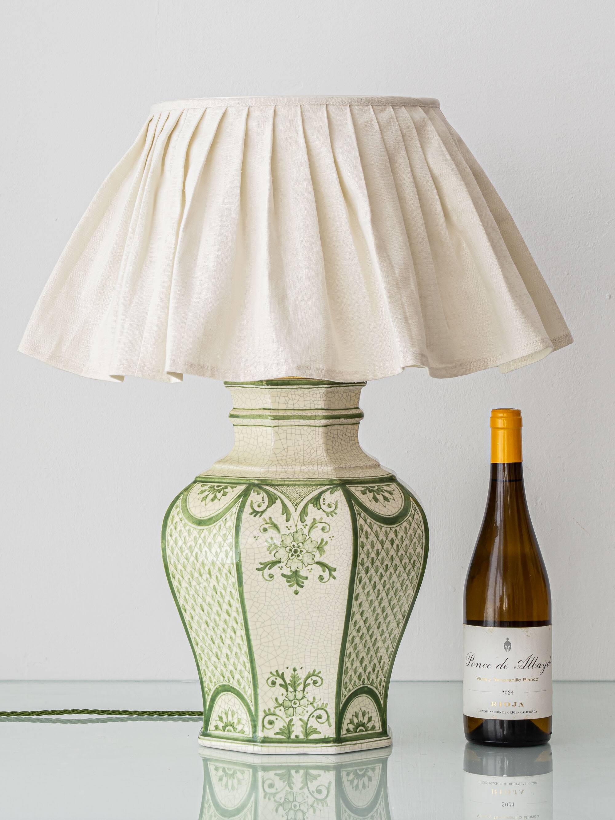 Spanish Revival Table Lamp in Green Ivory Crackle Ceramic, New Linen Shade