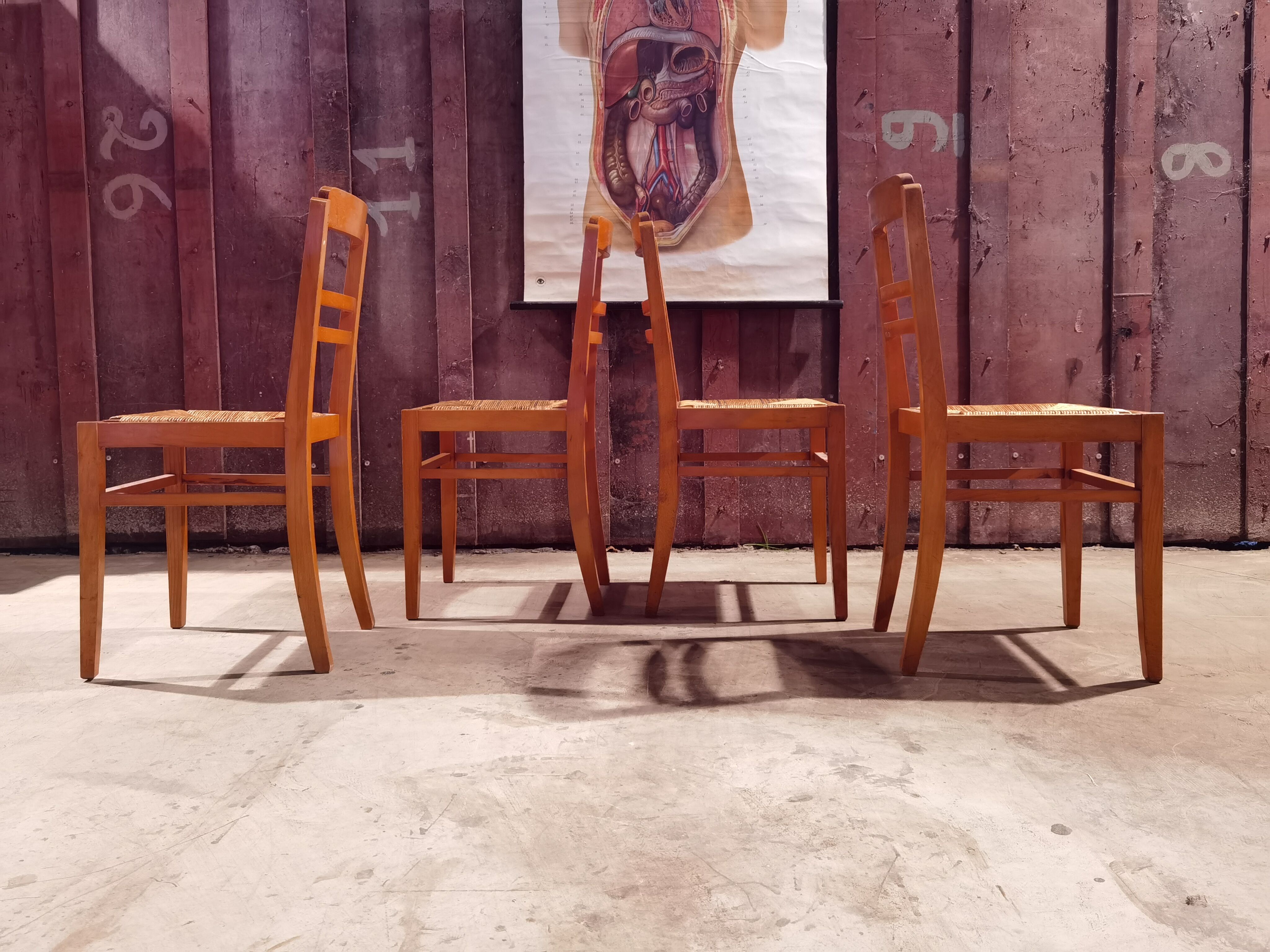 Set of 4 straw and wood chairs
