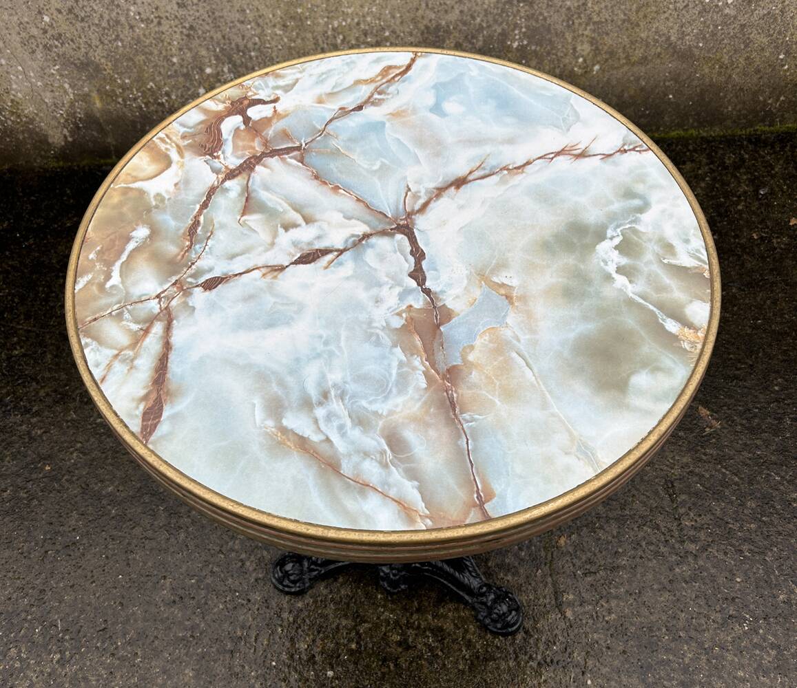 Round bistro table, cast iron legs, vintage, 1940s