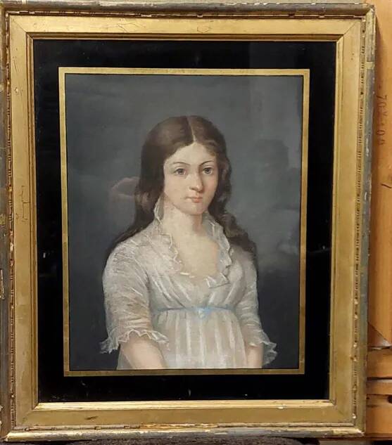 Old pastel portrait on canvas of a young noble, signed and dated 1899 on the back, gilt frame.