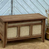 Antique oak chest with raw wood and cane work.