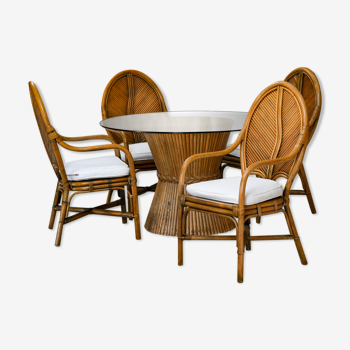 McGuire pencil reed bamboo wheat-sheaf table with set of 4 carver dining chairs