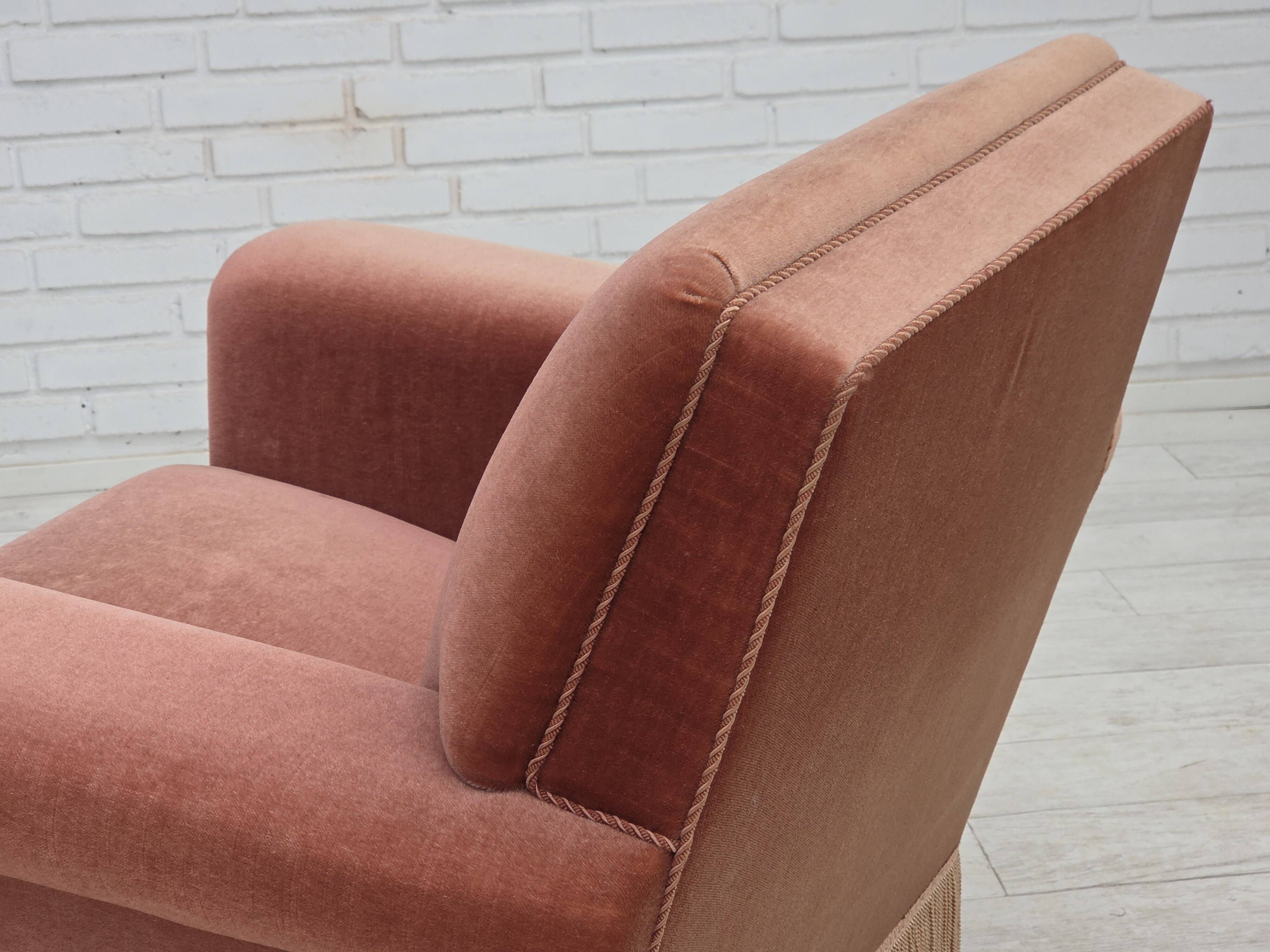 1970s, Danish armchair, salmon pink furniture velour, beech wood.