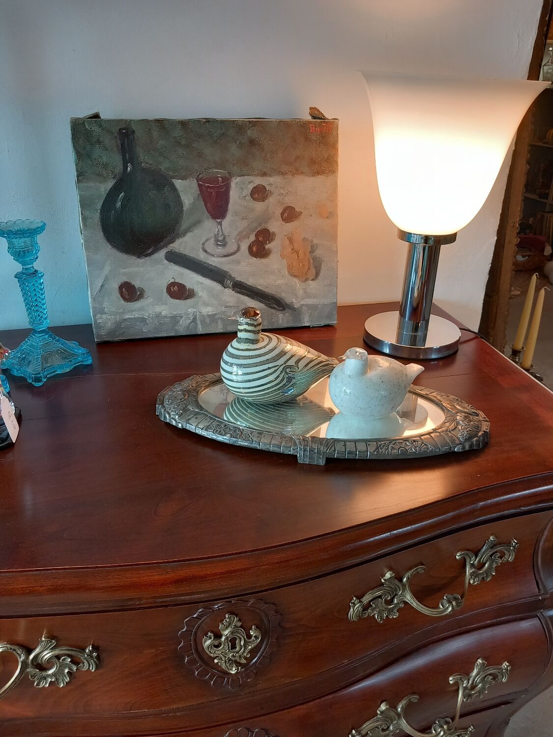 Still life painting with glass of wine .old