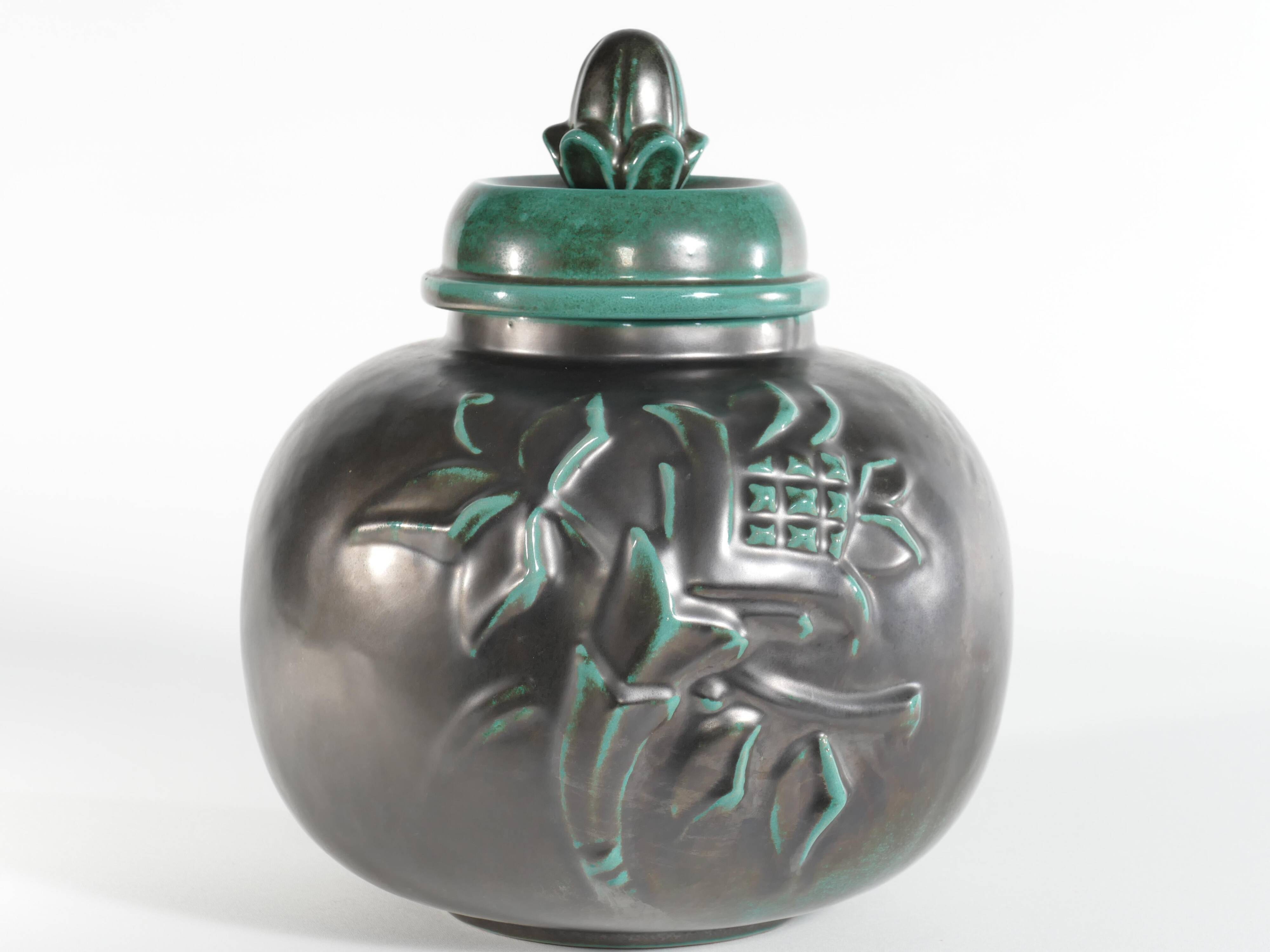 Large Art Deco Green Lidded Jar by Anna-Lisa Thomson for Upsala-Ekeby, 1930's