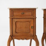 Pair of French Louis XV style nightstands in oak with Carrara marble top