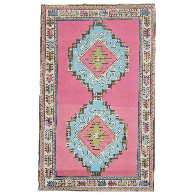 1970s vintage Turkish hand-knotted wool cotton pink area rug 128x208