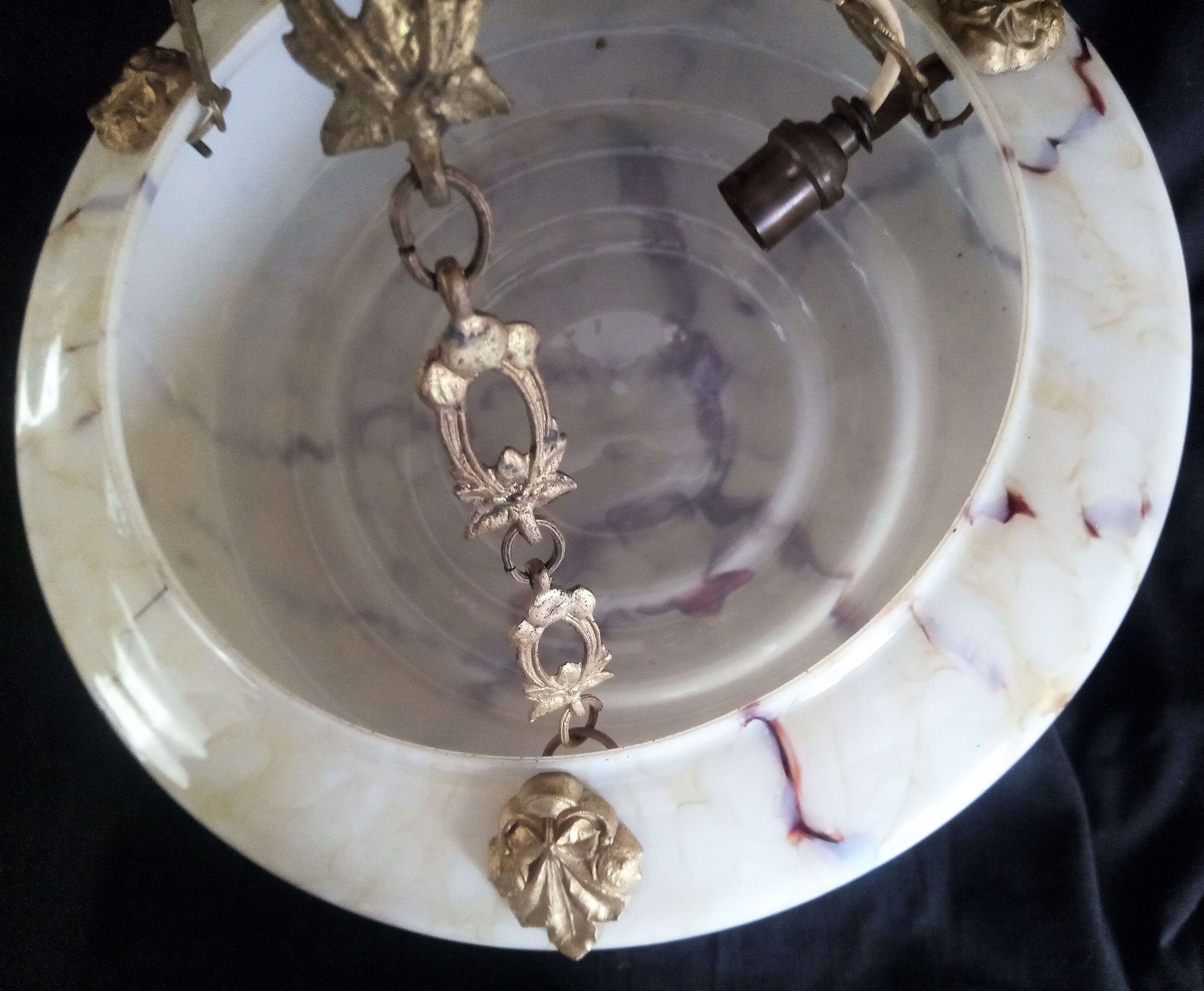 Art Deco brass and marbled glass chandelier, 1950s - 1960s
