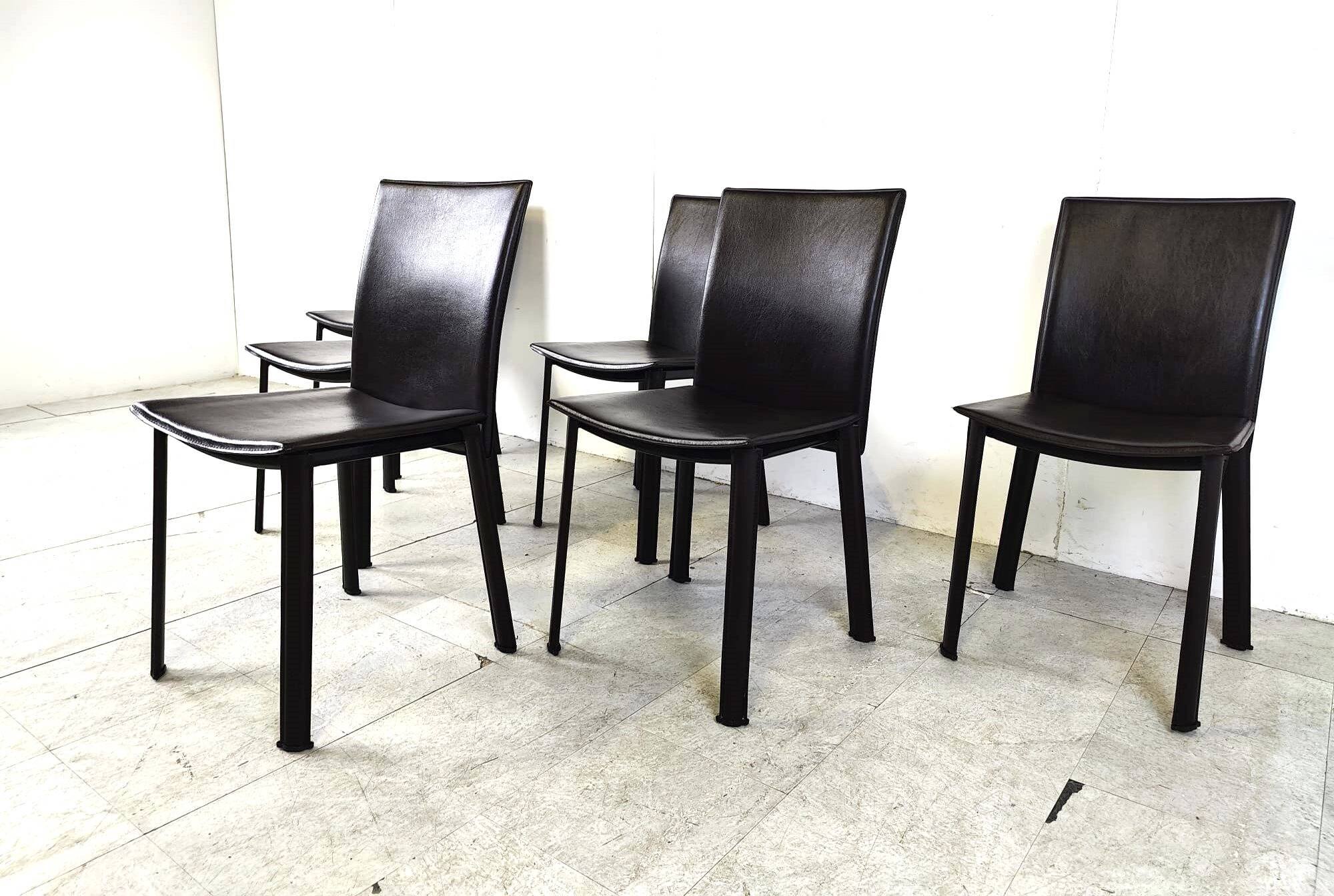 Vintage brown leather dining chairs, 1980s