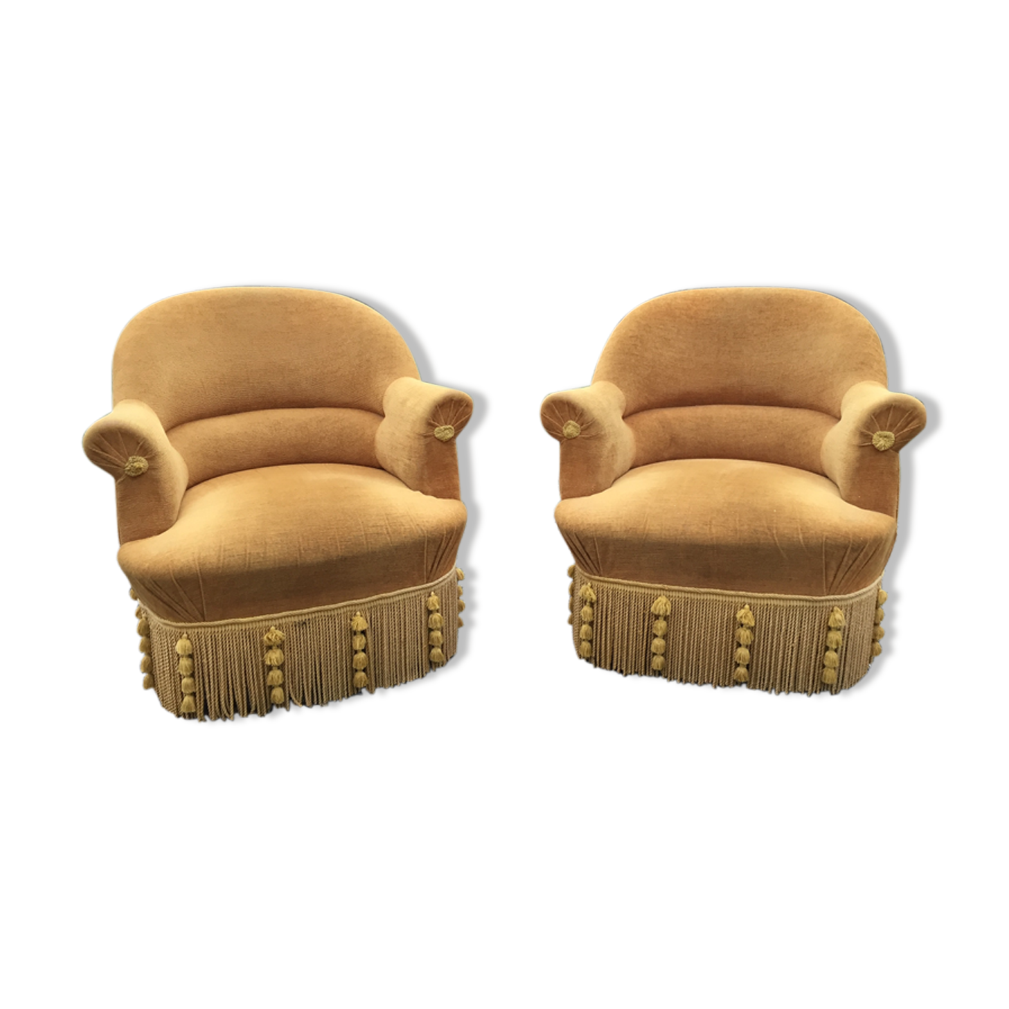 Duo de fauteuils vintage crapaud en tissu or