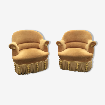Duo of vintage toad armchairs in gold fabric.