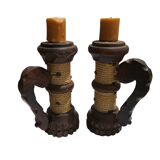 Duo of Wooden Candle Holders with Brutalist-Style Rope Decor