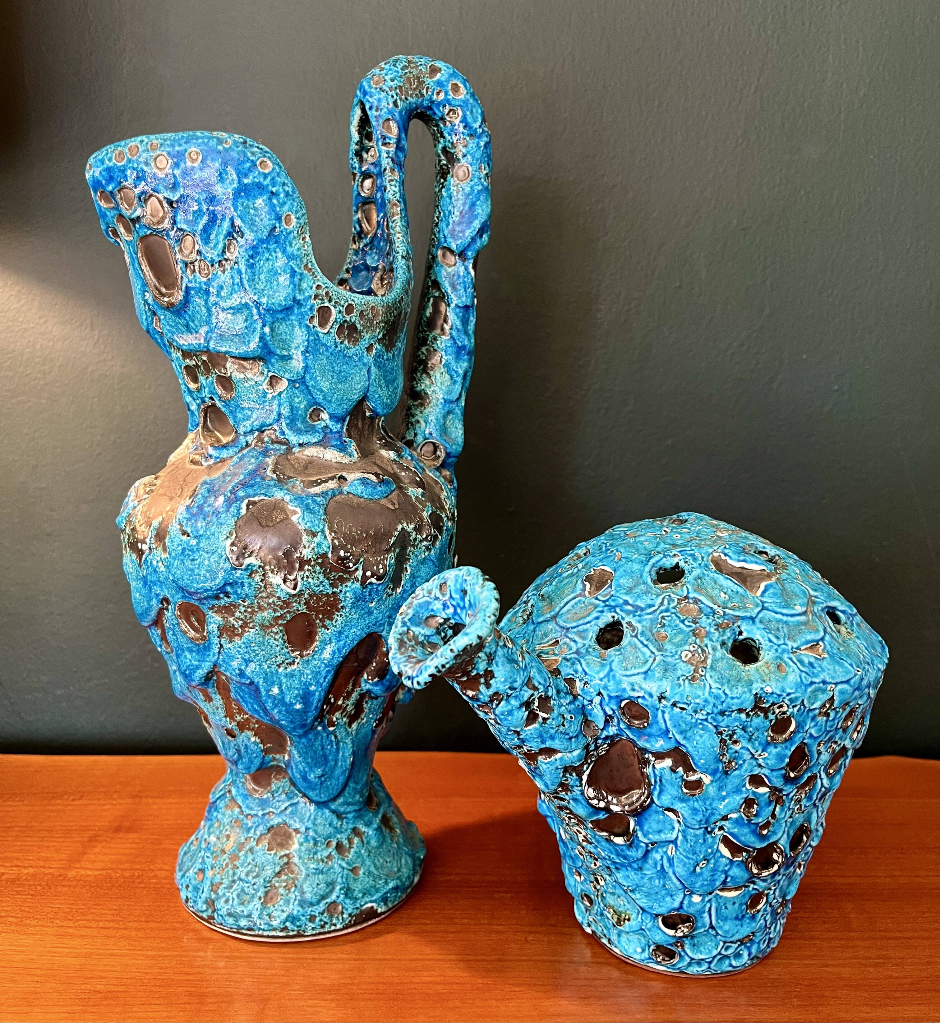 2 vases by charles cart in turquoise blue fat lava cyclops, 1960s, glacier enamels cyclops