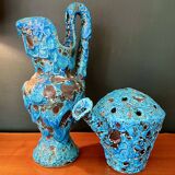 2 vases by charles cart in turquoise blue fat lava cyclops, 1960s, glacier enamels cyclops