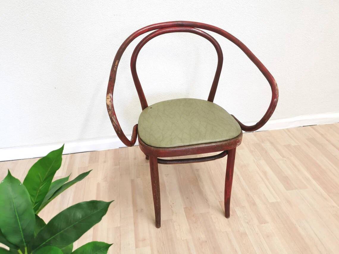 Vintage Bentwood Dining Chair: Red Thonet B9 Style, Leather Seat