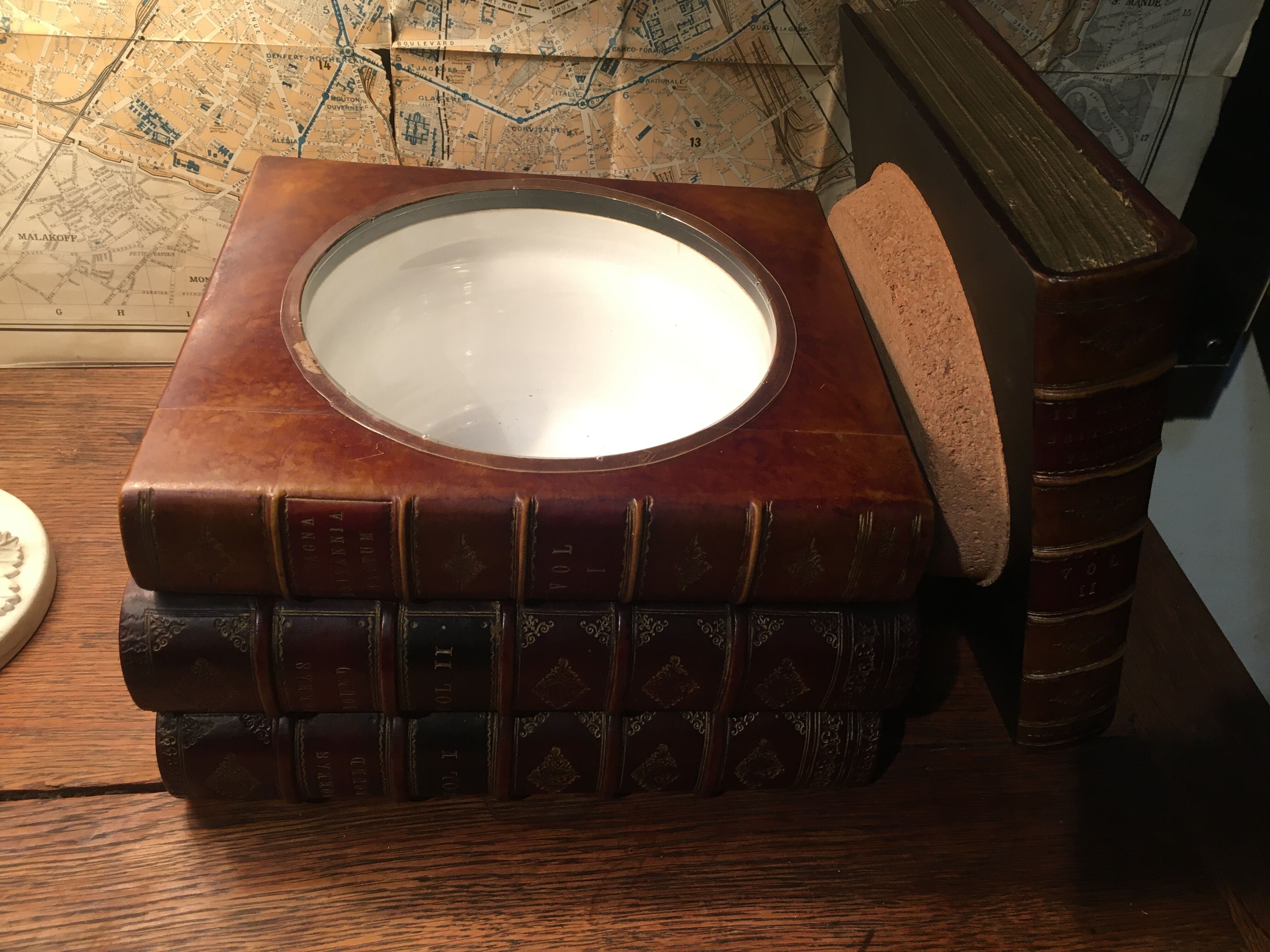 Stacked book ice bucket made of wood and leather