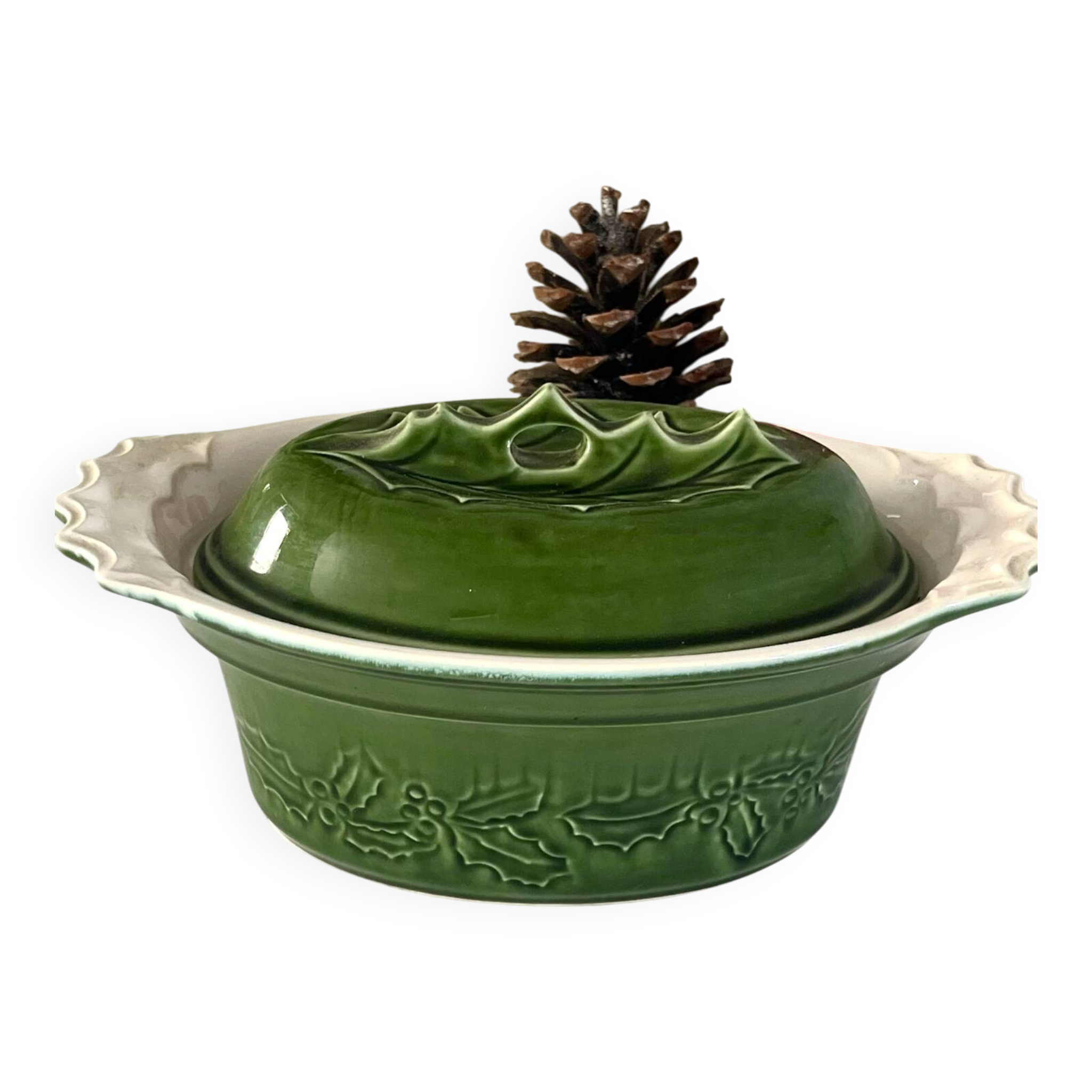 Christmas Terrine with Holly Lid, Green Ceramic Serving Dish, Vintage