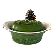 Christmas Terrine with Holly Lid, Green Ceramic Serving Dish, Vintage