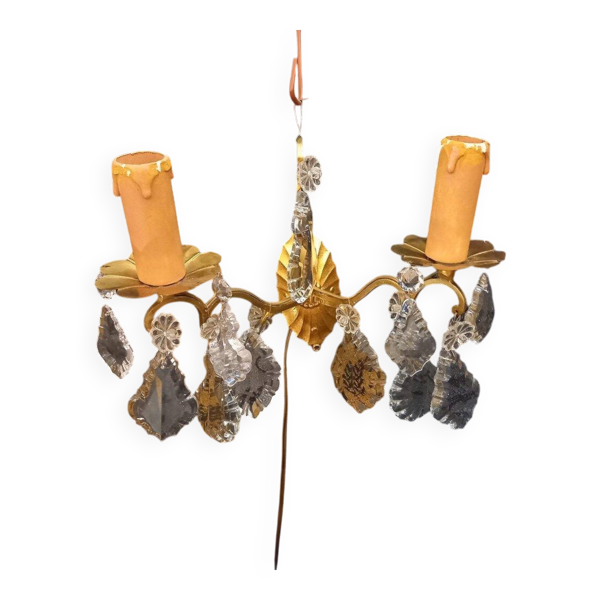 Paire d’appliques à pampilles en verre et laiton, époque 1950