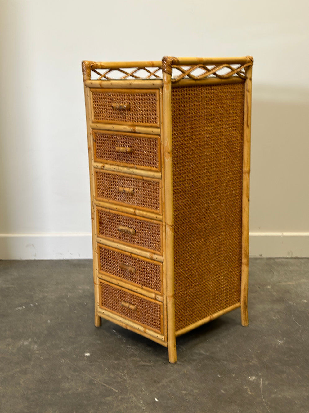 Mid-century rattan highboy / tallboy chest of drawers by Angraves, England, 1970