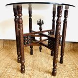 Moroccan hexagonal carved wood side table with glass top