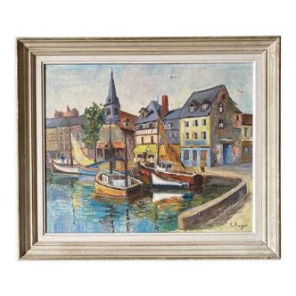 Oil on canvas by Yves Auger representing the Port of Aix-les-Bains XXth
