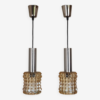 Pair of chrome and glass pendant lights