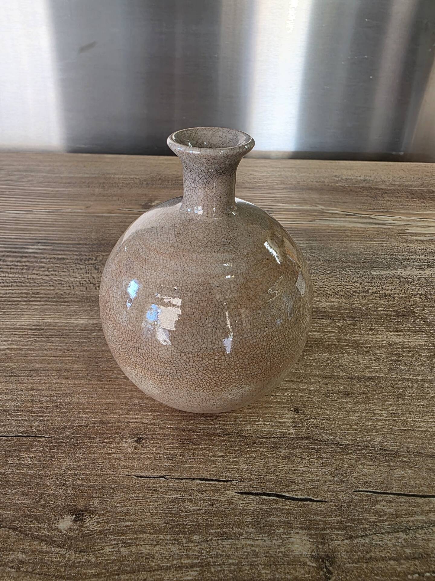 Small round vase soliflore, crackled glazed stoneware, ceramist seal.