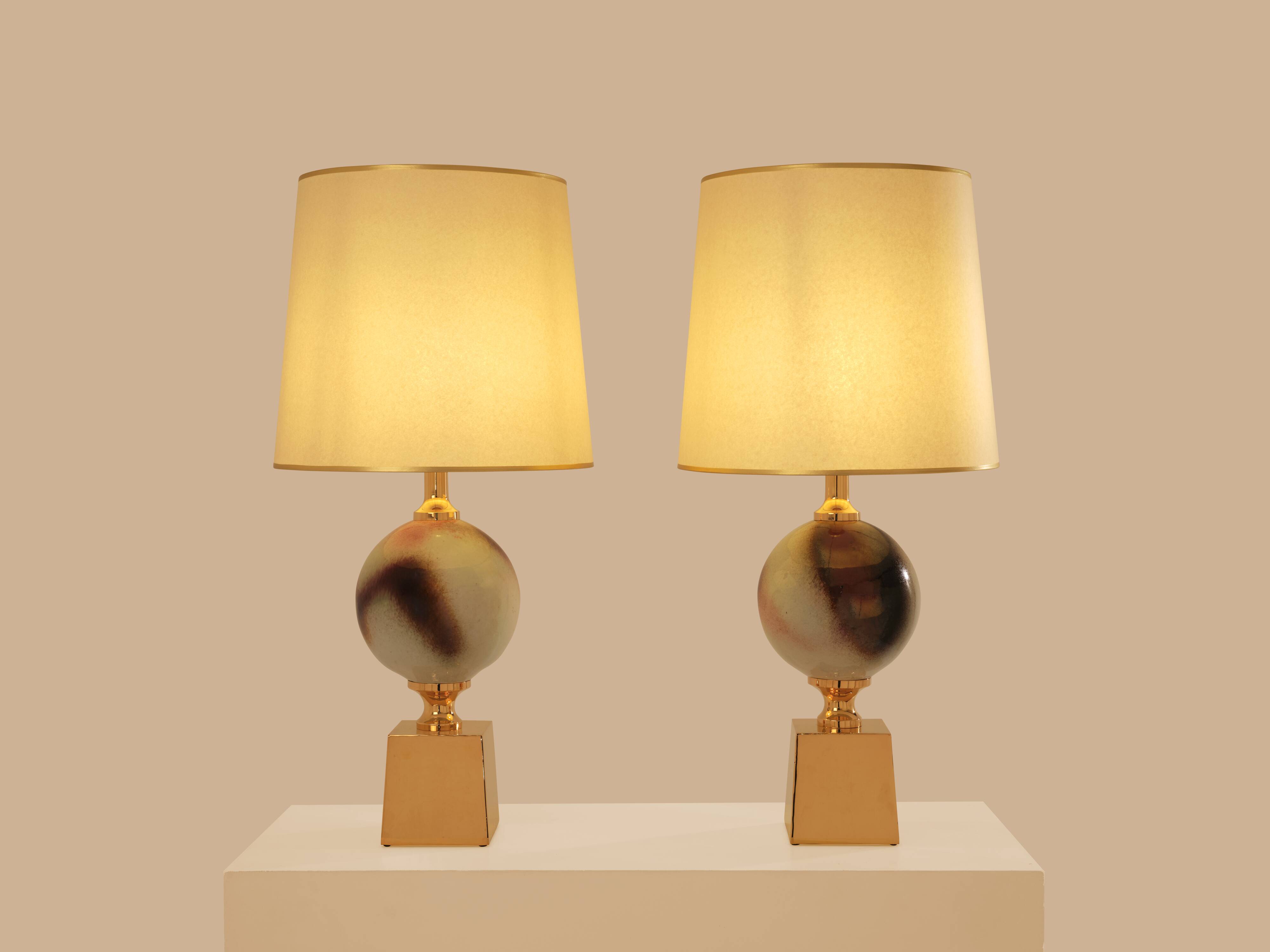 Pair of ceramic and brass lamps by Philippe Barbier, 1970s