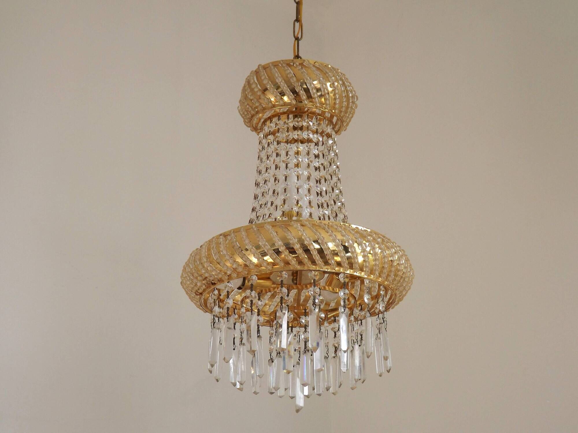 Vintage Gold Metal 5-Light Chandelier – Crystal Beads & Glass Prisms