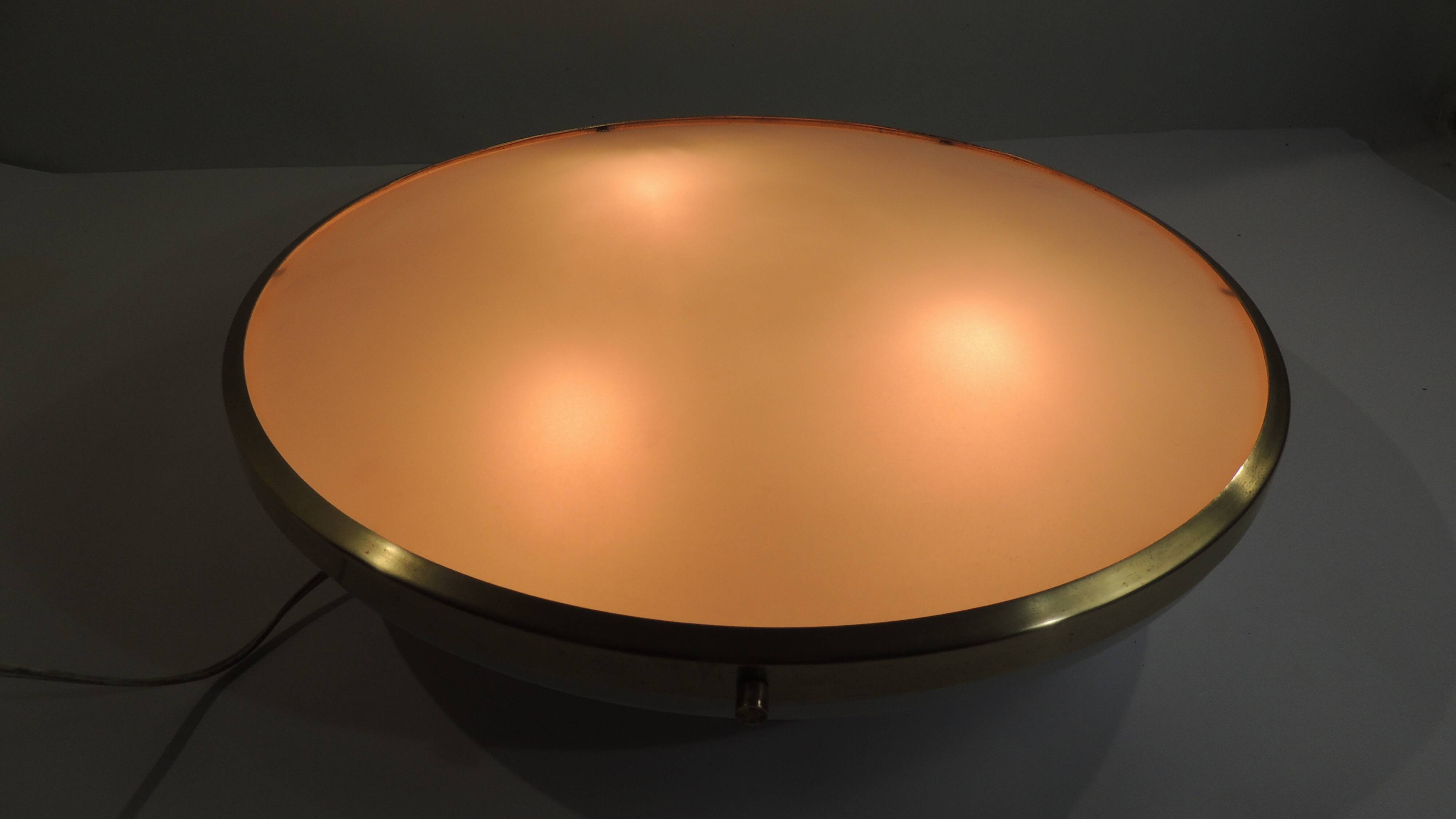 Large vintage ceiling light in opaline glass and brass – Arne Jacobsen style