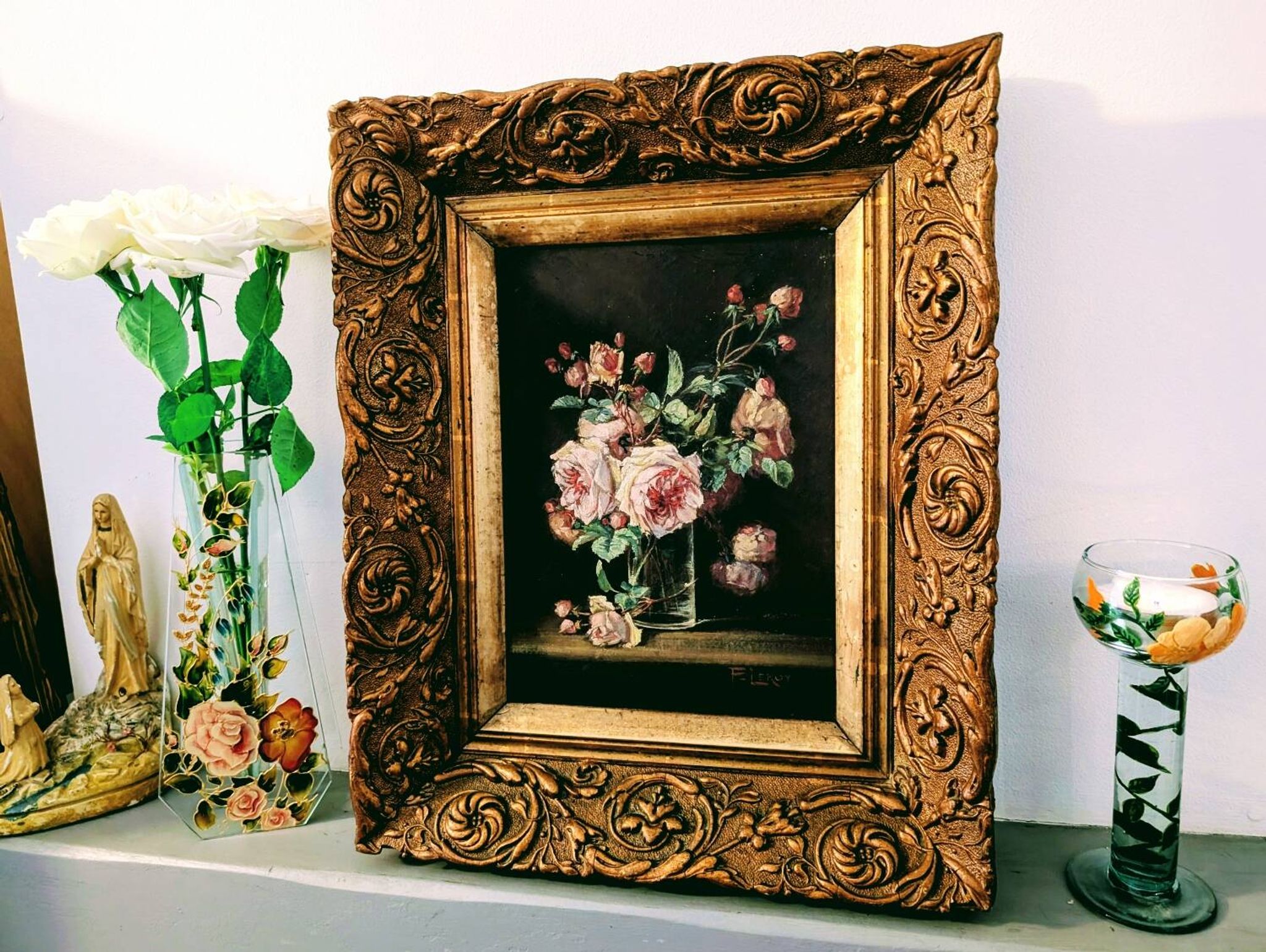 Tableau huile sur bois rose dans vase début XXeme