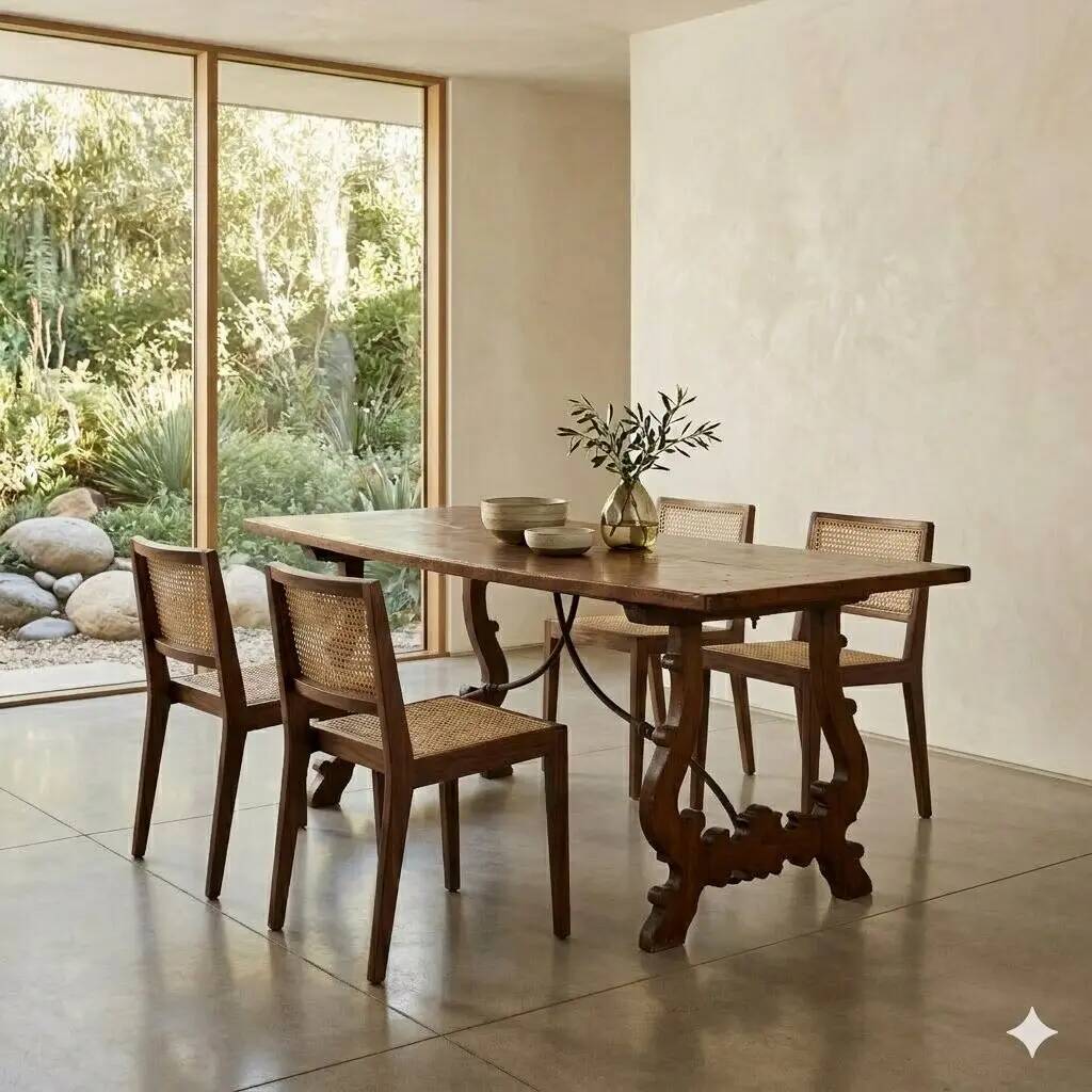 Old refectory table in walnut and wrought iron, Italy, 20th century