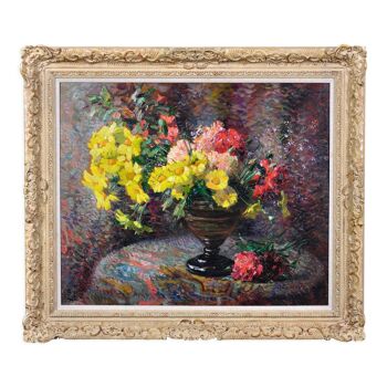 Jean Chaleye 1878-1960.Still Life Carnations & Marigolds.Framed Oil On Board.