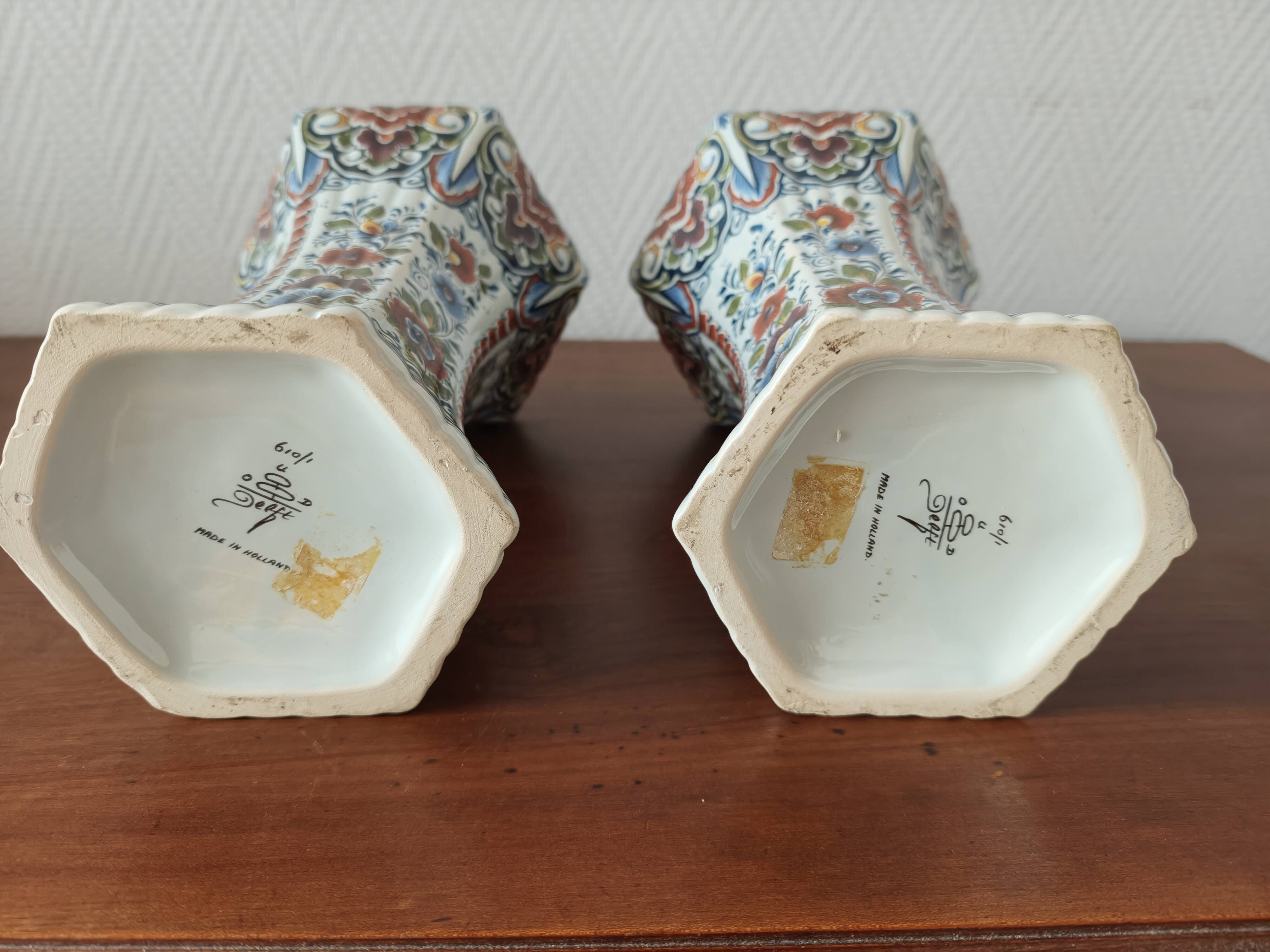 Pair of polychrome Delft earthenware vases, Holland, 1960s