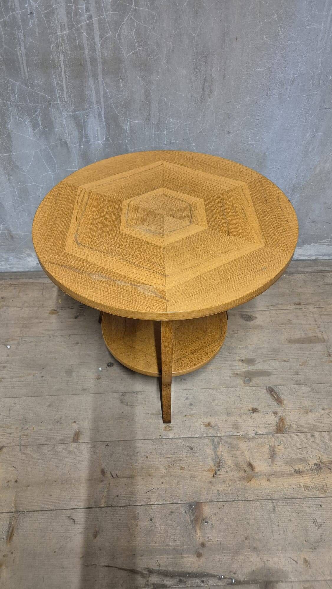 Vintage round wooden coffee table with lower shelf, 20th century