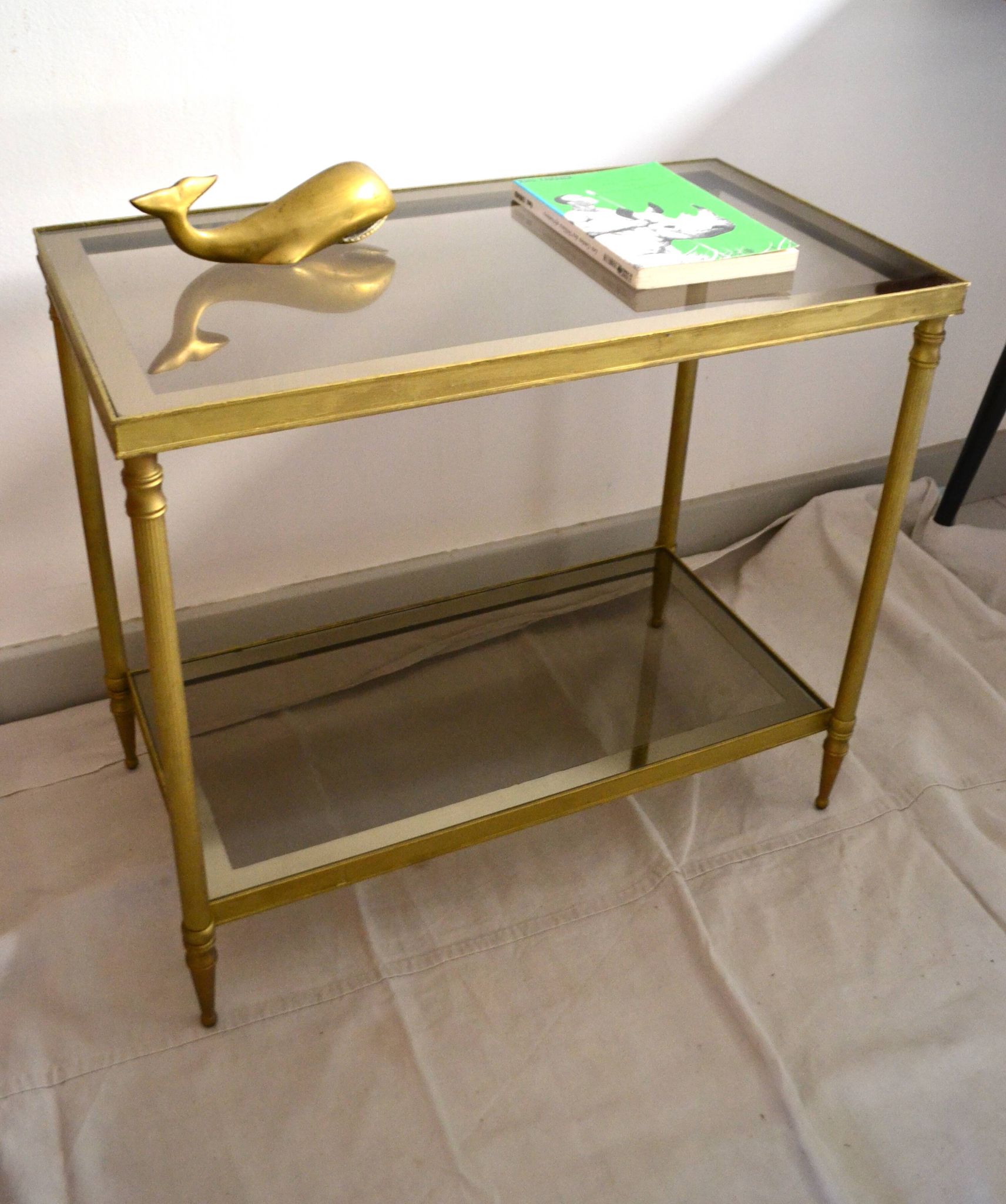 Side table, low table, gold brass, smoked glass, 70s.