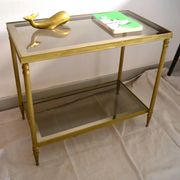 Side table, low table, gold brass, smoked glass, 70s.