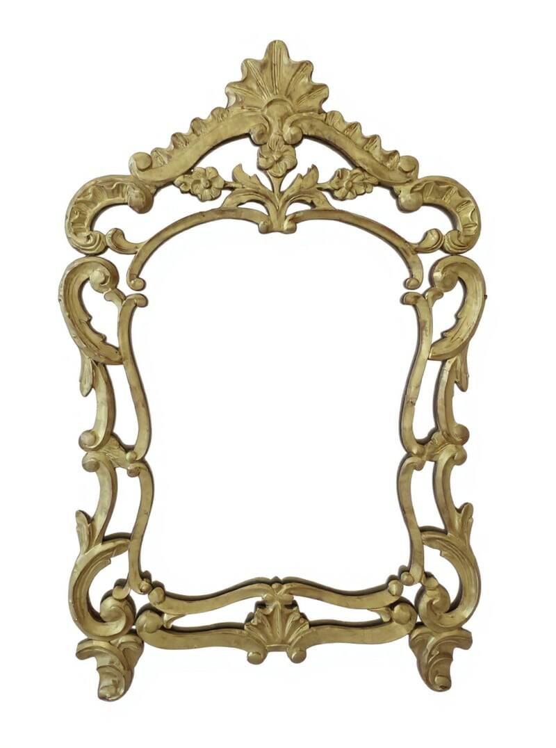 Mirror with carved and gilded wooden frame, 18th century, with scrollwork decoration.