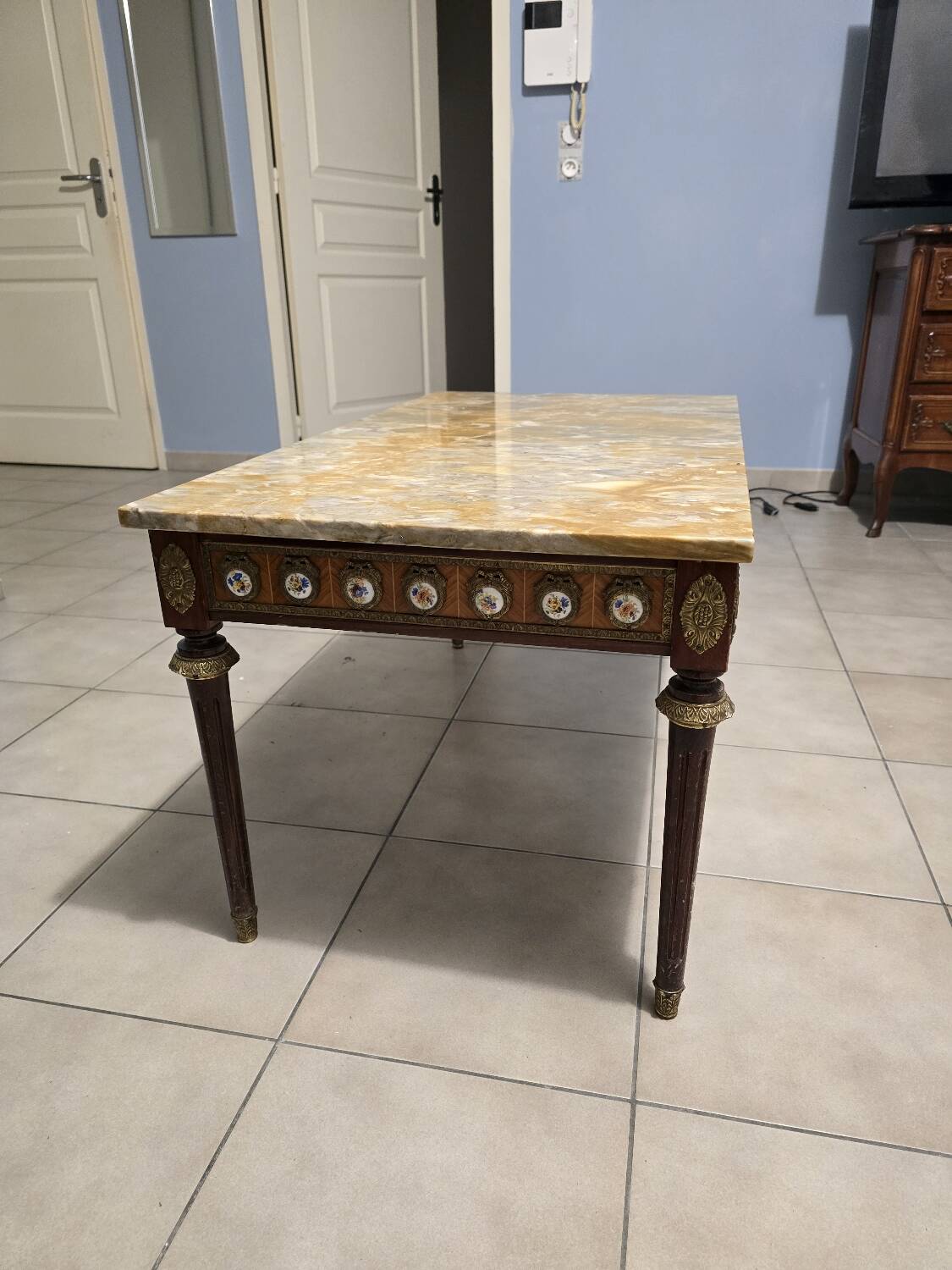 Louis XVI style coffee table - marble, porcelain medallions