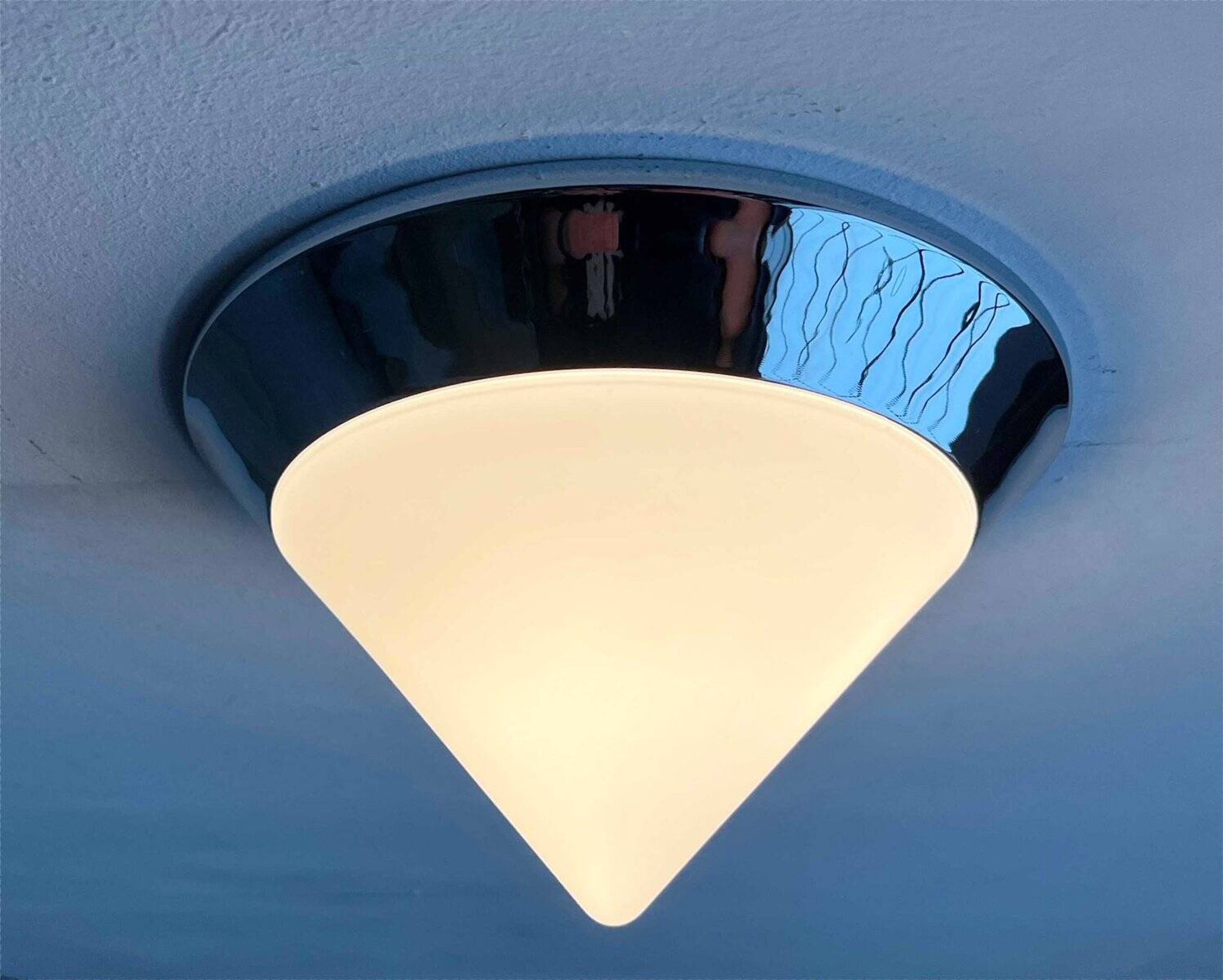 Vintage conical glass and chrome ceiling lamp, 1980s