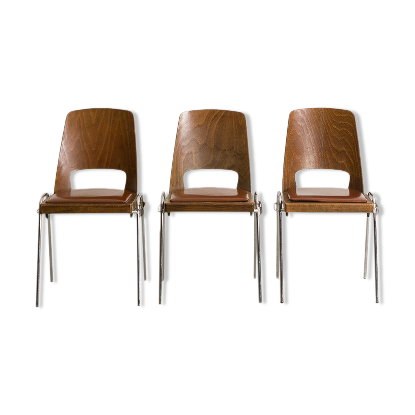 Set of 3 Jomain Baumann chairs, seat in imitation cognac leather, circa 1960