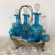 Antique Legras liquor cabinet, decanters and glasses, lion's paw stand