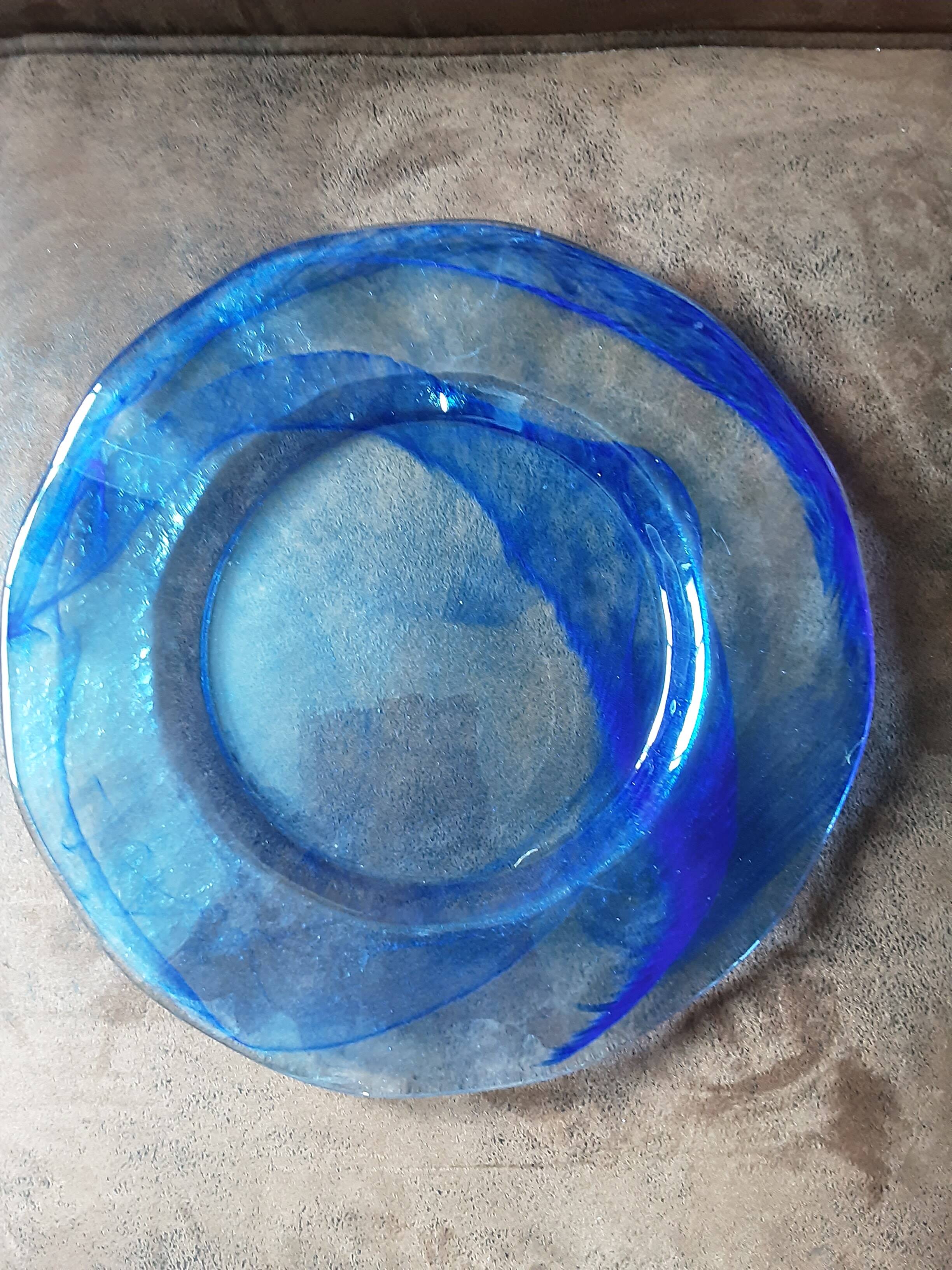Large round blue crystal dish